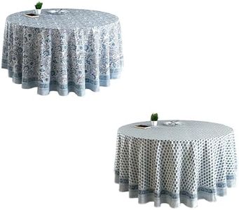 CPC Cotton Round Tablecloth Bundle 120 Inch Handmade Indian Block Print Table Covers in Indigo Blue and Apatite Blue for Weddings and Seasonal Decor