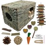 Rabbit House Indoor, Bunny Bed Hideout Chew Toys for Cage Accessories, Small Animal Hut Hidey Home for Bunnies Guinea Pig Chinchilla Pig Rat Hamster (Small Cage Set)