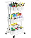 Pipishell 3-Tier Rolling Cart with Wheels - Rolling Storage Cart with Hanging Cups & Hooks - Mobile Utility Cart for Office, Kitchen, Craft Room - Art & Craft Organizer (White, PIUC06W)"