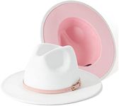 Lisianthus Women White Fedora Wide Brim Panama Hats with Color Belt Buckle (White & Pink/Pink Belt)