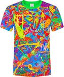 Elephant Pegion Splash Paint Island Tree Horse Time Watch Fantasy Blacklight UV Neon Fluorescent T-Shirt, Size Medium