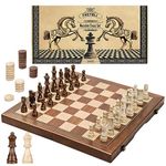 FREYBLI Magnetic Wooden Chess Board Set for Adults Kids, Handcrafted 15 Inch Chess and Checkers Set, Folding Portable Travel Unique Chess Game for Tournament Professional Beginner, 2 Extra Queens