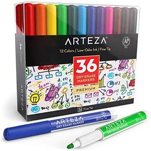 ARTEZA Dry Erase Markers Fine Tip, Bulk Pack of 36 Low Odor Dry Erase Pens in 12 Assorted Colors, Whiteboard Markers