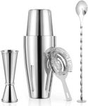 X Home Cocktail Shaker Set, Professional 4-Piece Bartender Kit with Boston Shaker, Hawthorne Strainer, Double Measuring Cocktail Jigger, and 10-inch Mixing Spoon, Bartender's Choice