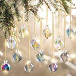 UXORSN 12PCS Christmas Tree Crystal Ball Ornaments 25mm Glass Christmas Baubles Rainbow Prism Balls Suncatcher Christmas Tree Decorations Multicolor Hanging Pendants for Xmas Party Wedding Home Decor