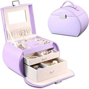 Vlando Jewellery Box for Girls, 3 Layers PU Leather Jewelry Storage box with Mirror & Removable Pillow for Rings Bracelets Earrings Necklaces, with Gift Card, Gift Choice (Purple)