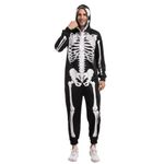 Spooktacular Creations Skeleton Jumpsuit Plush Adult Man Skeleton Pajama Jumpsuit Zip Up Hooded Halloween Skeleton Costumes for Halloween Dress Up Party Role Playing Themed Parties Cosplay (L) Black