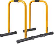 RELIFE REBUILD YOUR LIFE Dip Bars, Heavy-Duty Alloy Steel Calisthenics Stand, Adjustable, Foam-Padded Grips, Rotatable Foot Pads, Safety Connection Tubes, Yellow