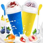 Slushie Cup, 2 Pack Slushy Maker Cup, Frozen Magic Squeeze Cups for Juice Milk Yogurt Ice Cream Make, DIY Smoothie Cooling Cup with Lid & Straw for Kids Friends Family (Blue+Yellow)