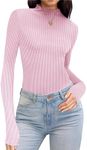 Ekouaer Turtleneck Shirt Women Ribbed Long Sleeve Shirts Lettuce Trim Mock Neck Tops Slim Fit Base Layer Pink