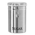 Oggi Stainless Steel Sugar Canister 62 fl oz - Airtight Clamp Lid, Clear See-Thru Top - Ideal Sugar Container for Countertop, Sugar Jar, Bulk Sugar Storage. Large Size 5" x 7.5".