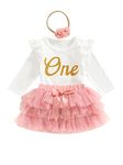 Domisola Baby Girls My 1st Birthday Outfits Sleeveless Floral Lace Romper + Tutu Skirt + Headband Set (A- Long Sleeve 3pcs Skirt Set- Pink, 12-18 Months)