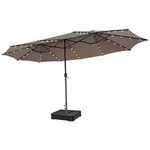 Tangkula 15FT Double-Sided Patio Umbrella with Solar Lights, Extra-Large Umbrella W/ 48 LED Lights & Auto-Charging Solar Panel, Outdoor Twin Market Umbrella W/Extra Weighted Base Stand (Brown)