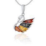 AMBEDORA Women's Swan Necklace with Amber, Polished Sterling Silver, Natural Colourfull Baltic Amber, Silver Pendant with Chain