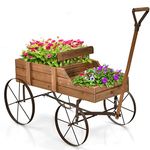 DORTALA Garden Plant Planter Wooden Wagon Planter with Wheels, Decorative Indoor/Outdoor 2 Planting Sections and Adjustable Handle, Garden Backyard Planter Natural 24.5"x13.5"x24"