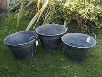 Patio and terrace Set Of 3 Round Vintage Zinc Galvanised Metal Garden Flower Planter Tub Pot Bucket (XL