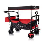 SAMAX Folding Camping Cart Garden Trolley - Coaster Wagon with Removable Canopy - Brake and Tail bag - Beach Wagon Foldable Hand Cart Trolley Truck Offroad - Black/Red