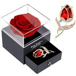 SWEETIME Red Rose Gift Box Enchanted Real Rose with Ruby Rose Brooch, Eternal Rose Flower in Jewelry Box, Handmade Preserved Rose,Forever Red Rose Gift for her On Mother's Day, Anniversary.