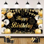 Happy Birthday Backdrop Banner, Happy Birthday Photo Booth Backdrop, Large Fabric Black Gold Sign Poster Background for Men Women Birthday Party Decoration, 70.86 x 43.3 Inch