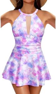 Holipick Womens One Piece Swimsuits with Skirt Tummy Control Swim Dress Modest Bathing Suit High Neck Mesh Swimwear, Flamingo, Large