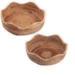 amololo Handmade Rattan Round Fruit Basket Food Storage Bowls Kitchen Organizer Snack Serving Bowl 9 10 Inch Wavy Edge Circle Tray Basket with 3” Deep Wall, Boho Décor Display Tray Bowl (2-Size Kit)