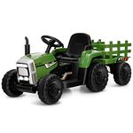 Costzon Ride on Tractor w/Trailer, 12V Battery Powered Electric Vehicle Toy w/Remote Control, 3-Gear-Shift Ground Loader, Treaded Tires, USB, LED Lights, Audio, Safety Belt, Kids Ride on Car