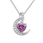 Qings Amethyst February Birthstone Heart Necklace - 925 Sterling Silver Moon Necklaces Purple Cubic Zirconia for Women Girls Gifts Jewelry