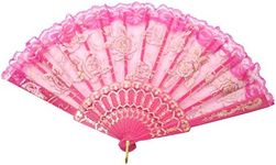 TRENDBOX Flower Rose Lace Handheld Chinese Folding Fan for Dancing Ball Parties Ladies - Hot Pink