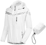 CREATMO US Women's Waterproof Rain Hooded Jackets Windbreaker Running Cycling Raincoat Reflective Packable Rain Gear White L