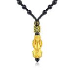 COLORFUL BLING Black Beads Obisidian Pi Xiu Pi Yao Pendant Necklace Hand Carved Mantra Attract Prosperity Wealth Amulet Necklace Protection Feng Shui Jewelry-Gold Square