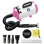 High Velocity Professional Grooming Dryer - Adjustable Temperature and Speed Hair Dryer for Pets, with Steel Comb, Towel, and Nozzles (White Pink)