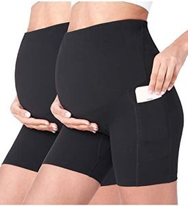 POSHDIVAH 2 Pcs Black Women's Maternity Yoga Shorts Over The Belly Bump Summer Workout Running Active Short Pants with Pockets 5" X-Large