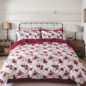 Tache Floral Hummingbirds Burgundy Ivory Antique Vintage Farmhouse Spring Country Rustic Microfiber Reversible Rose Garden Duvet Cover California King