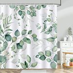 Bonhause Green Leaf Shower Curtain 180 x 180 cm Watercolor Eucalyptus Leaves Plant Bathroom Curtains Waterproof Mildew & Mould Resistant Polyester Fabric Bath Curtain with 12 Hooks