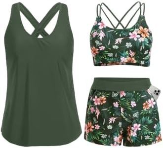Holipick Olive Green Floral 3 Piece Tankini Swimsuits Tummy Control with Pocket Shorts M