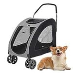 Yivke Dog Stroller, 4 Wheels Pet Stroller for Medium Extra Large Dogs, Cat Stroller with Adjustable Handle for Travel, Foldable Carrier Strolling Cart, Up to 150 lbs, Grey