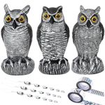 3 Packs Outdoor Plastic Owl Scarecrow Owl Garden Grass Decorative with 3 A Spiral Bird repelling Stick and 2 Packs Bird Scare Tapes for Garden & Outdoors