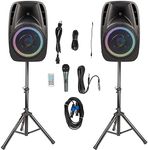 Pair Alphasonik All-in-one 8" Powered 800W PRO DJ Amplified Loud Speakers with Bluetooth USB SD Card AUX MP3 FM Radio PA System LED Lights Karaoke Mic Guitar Amp 2 Tripod Stands Cable and Microphone