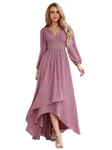 Ever-Pretty Women's Evening Dresses Double V-Neck Sheer Long Sleeves High-Low Chiffon A-Line Bridesmaid Orchid 10UK