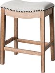 Maven Lane Adrien 26 Inch Counter Height Upholstered Backless Saddle Barstool in Weathered Oak Finish with Sand Color Fabric Cushion Seat