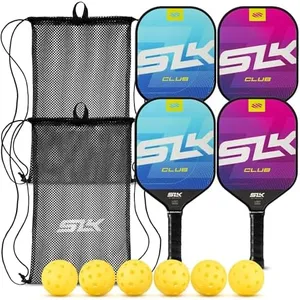SLK Club Pickleball Paddle Bundle by Selkirk | Graphite & Fiberglass Face | SX3 Honeycomb Core | Ultimate Starter Set | 4 Lightweight Paddles | 6 Hybrid+ Pickleballs | 2 Mesh Sling Bags