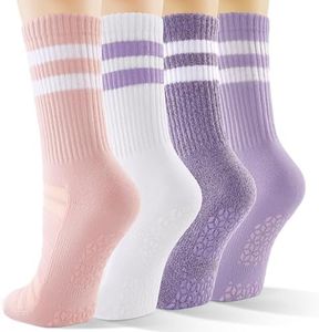 CS CELERSPORT Pilates Socks for Women, 4 Pairs Yoga Crew Non Slip Grip Socks for Barre Hospital Gym, Purple, Small