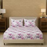 Trance Home Linen 100% Cotton 84"X78" Elastic Fitted Bedsheet Super King Bed Size | Printed Fitted Sheet | Elasticated Fitted Bedspread With 2 Pillow Covers (84X78 Inch, Paradise Pink), 180 tc