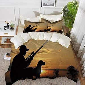 parure de lit adulte,housse de couette,Décor de chasse, Chasseur de thème Fowling avec fusil de chasse et chien visant un coucher,1 Housse de couette 220 x 240cm + 2 Taies d'Oreillers 63 x 63 CM