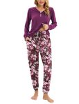 Famulily Cotton Pajamas for Women Soft Long Sleeve V Neck Top and Jogger Pants with Pockets Wine M