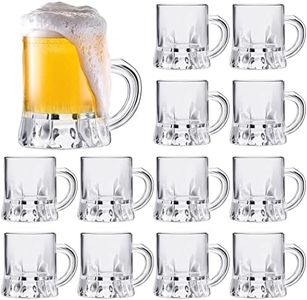 Meanplan Mini Beer Mugs Bulk Shot Glasses Beer Glasses Set 1oz Small Clear Beer Stein with Handles Mini Tasting Whiskey Cups for Drinking Beer Festival Birthday BBQ Bar Party(12 Pieces, Glass)