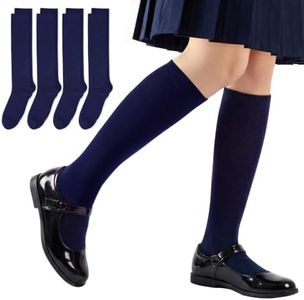 MoyaSomnia 4 Pack Knee High Socks For Girls Cotton Seamless Toe Uniform Socks For Kids 4-14 Years Navy, XL