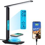 Multifunctional LED Desk Lamp with Wireless Charger,USB Charging Port,Clock,Phone Holder,Desk Lamps for Home Office,Eye-caring Reading Lamp,Study Lamp for Boys,Girls,Teens,3 Modes,5 Brightness,Black