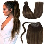 LaaVoo Human Hair Ponytail Extensions for Women Brown Balayage Pony Tails Hair Extensions Human Hair Brown Silky Straight Real Hair Ponytail Extensions Wrap Around 18 Inch 80g