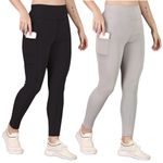 POOJARAN Black&Grey Women's Gym Wear Tights | Track Pants | Mesh Insert Side Pockets Pant | Ideal for Active Wear Pant | Yoga & Workout Tights | The Ultimate Gym Pants for Women & Girls (Pack of 2)